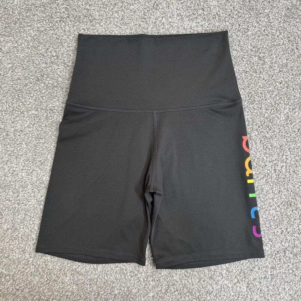 Barre3 Shorts Womens Medium Black Biker High Waist Rainbow Logo Yoga Athletic